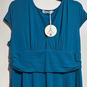 Anrabess Teal Midi Dress with Ruched Waist